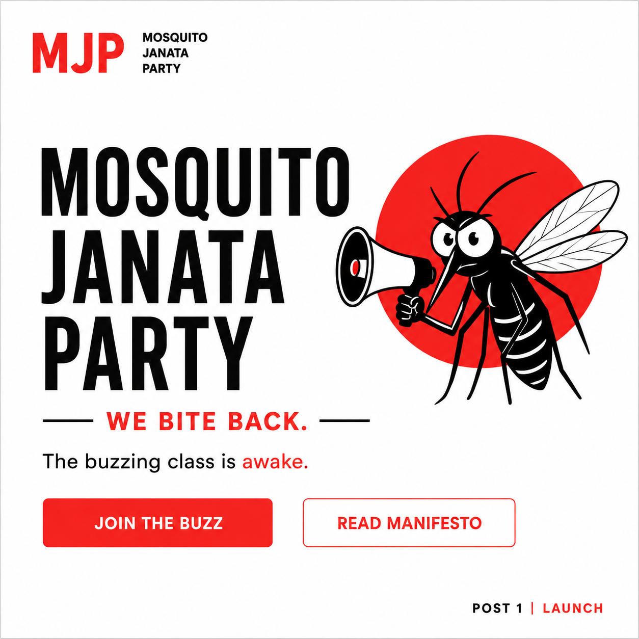 Angry cartoon mosquito holding a megaphone on a red disc — the Mosquito Janata Party mark