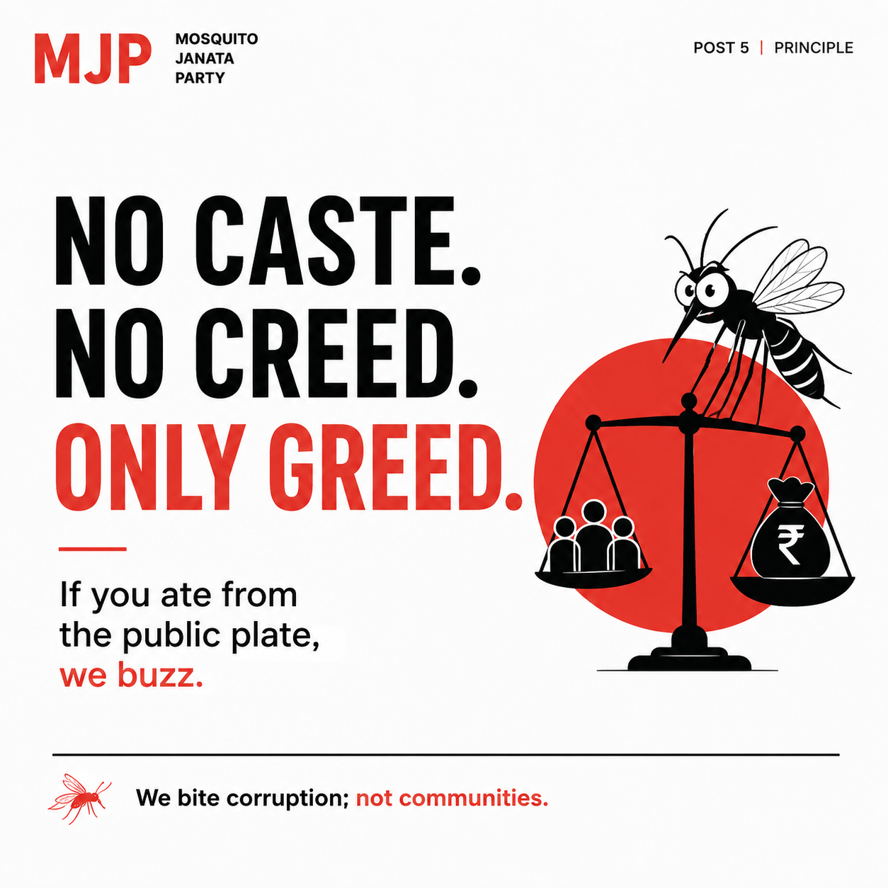 No caste, no creed, only greed — MJP principle poster